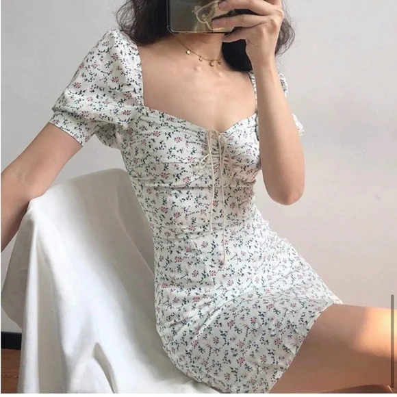 limjia shop coquette floral ruched puff sleeve cinched mini dress Size Large - Picture 5 of 16